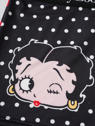 Betty Boop x SHEIN طقم سيدات من حمالة الصدر والسروال القصير المربع المطبوع بنقاط وشخصيات كرتونية