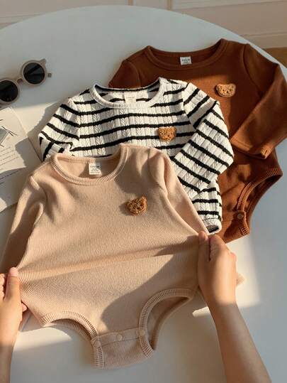 SHEIN 3 قطع/مجموعة رومبير رضيع طويلة الأكمام مطبوعة برسوم كرتونية جميلة للأولاد/البنات الرضع، ملابس أطفال مشتركة، ملابس شتوية للأطفال