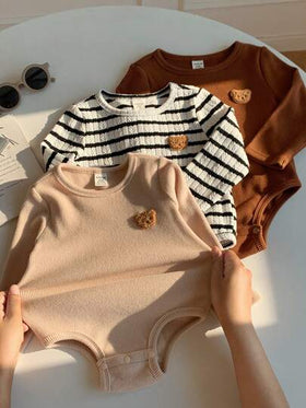 SHEIN 3 قطع/مجموعة رومبير رضيع طويلة الأكمام مطبوعة برسوم كرتونية جميلة للأولاد/البنات الرضع، ملابس أطفال مشتركة، ملابس شتوية للأطفال