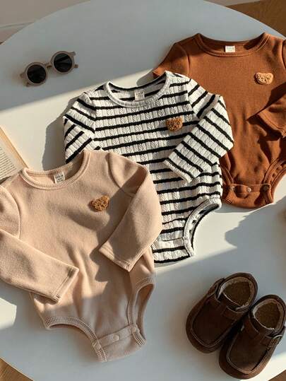 SHEIN 3 قطع/مجموعة رومبير رضيع طويلة الأكمام مطبوعة برسوم كرتونية جميلة للأولاد/البنات الرضع، ملابس أطفال مشتركة، ملابس شتوية للأطفال