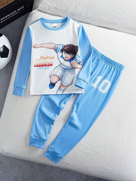 Captain Tsubasa X SHEIN مجموعة بيجاما مكونة من ملابس علوية بأكمام طويلة وطباعة أجنحة كبيرة كرتونية وبنطلون ضيق مرن مناسب للأولاد الصغار، 2 قطعة/طقم