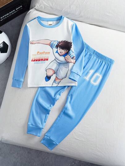 Captain Tsubasa X SHEIN مجموعة بيجاما مكونة من ملابس علوية بأكمام طويلة وطباعة أجنحة كبيرة كرتونية وبنطلون ضيق مرن مناسب للأولاد الصغار، 2 قطعة/طقم