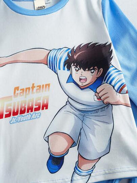Captain Tsubasa X SHEIN مجموعة بيجاما مكونة من ملابس علوية بأكمام طويلة وطباعة أجنحة كبيرة كرتونية وبنطلون ضيق مرن مناسب للأولاد الصغار، 2 قطعة/طقم