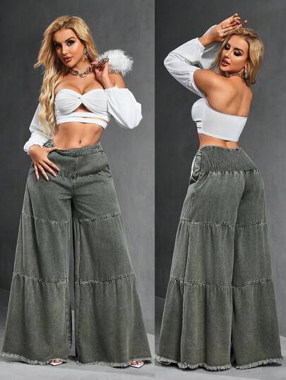 SHEIN SXY جينز نسائي بلون باهت بطراز صديقها السائب ذو تصميم مفكك الحافة ومرقع