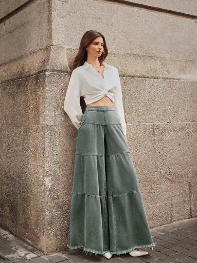 SHEIN SXY جينز نسائي بلون باهت بطراز صديقها السائب ذو تصميم مفكك الحافة ومرقع