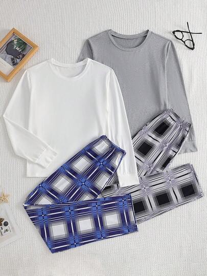 SHEIN طقمان من بيجامات الأولاد، تصميم جديد بياقة طاقم، ملابس علوية بأكمام طويلة باللون الرمادي الفاتح والأزرق الكحلي، مع بنطلون فضفاض طويل بنقشة مربعات رمادية وبيضاء وأزرق كحلي، من قماش مطاطي قابل للغسل في الغسالة، مريح، مجموعة ملابس متطابقة للعائلة (يباع