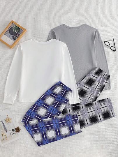 SHEIN طقمان من بيجامات الأولاد، تصميم جديد بياقة طاقم، ملابس علوية بأكمام طويلة باللون الرمادي الفاتح والأزرق الكحلي، مع بنطلون فضفاض طويل بنقشة مربعات رمادية وبيضاء وأزرق كحلي، من قماش مطاطي قابل للغسل في الغسالة، مريح، مجموعة ملابس متطابقة للعائلة (يباع