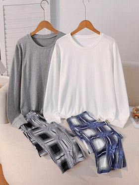 SHEIN طقمان من بيجامات الأولاد، تصميم جديد بياقة طاقم، ملابس علوية بأكمام طويلة باللون الرمادي الفاتح والأزرق الكحلي، مع بنطلون فضفاض طويل بنقشة مربعات رمادية وبيضاء وأزرق كحلي، من قماش مطاطي قابل للغسل في الغسالة، مريح، مجموعة ملابس متطابقة للعائلة (يباع