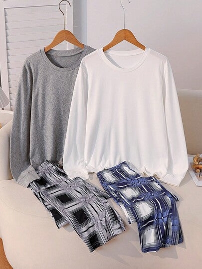 SHEIN طقمان من بيجامات الأولاد، تصميم جديد بياقة طاقم، ملابس علوية بأكمام طويلة باللون الرمادي الفاتح والأزرق الكحلي، مع بنطلون فضفاض طويل بنقشة مربعات رمادية وبيضاء وأزرق كحلي، من قماش مطاطي قابل للغسل في الغسالة، مريح، مجموعة ملابس متطابقة للعائلة (يباع