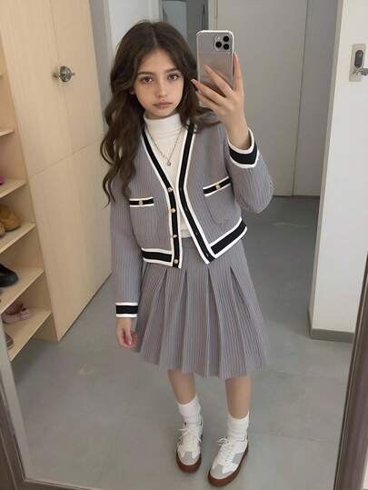 Elladie kids طقم جاكيت أمامي بأزرار وتنورة قصيرة بتصميم كاجوال للمدرسة للفتيات المراهقات، للخريف/الشتاء