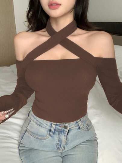 DAZY تي شيرت نسائي جديد للصيف بتصميم الخصر، أكمام طويلة