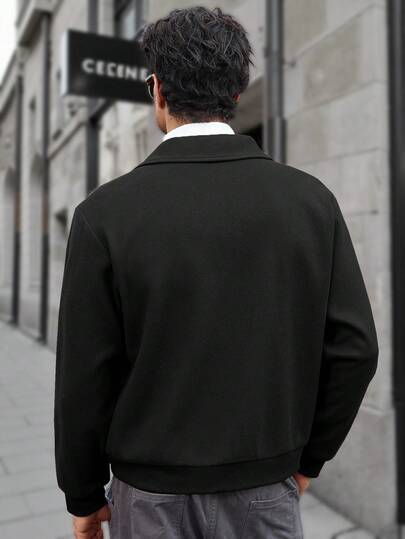 Manfinity CasualCool جاكيت رجالية كاجوال أحادية اللون بأكمام طويلة، متعددة الاستخدامات للخريف والشتاء، جاكيت رجالية مزودة بسحاب باللون الأسود