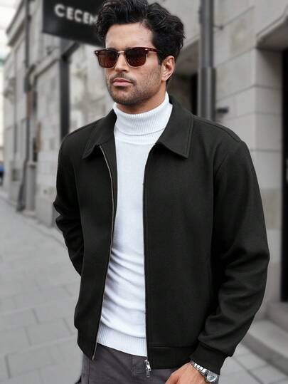 Manfinity CasualCool جاكيت رجالية كاجوال أحادية اللون بأكمام طويلة، متعددة الاستخدامات للخريف والشتاء، جاكيت رجالية مزودة بسحاب باللون الأسود