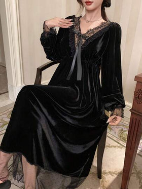 DAZY ثوب نوم طويل للنساء مصنوع من قماش الدانتيل والمخمل المخرم، مشدود الخصر، مناسب للخريف والشتاء رمضان