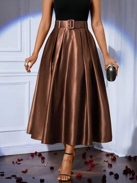 SHEIN Lady تنورة أنيقة للنساء بلون أحادي مطوية على شكل حرف A، مناسبة للحفلات