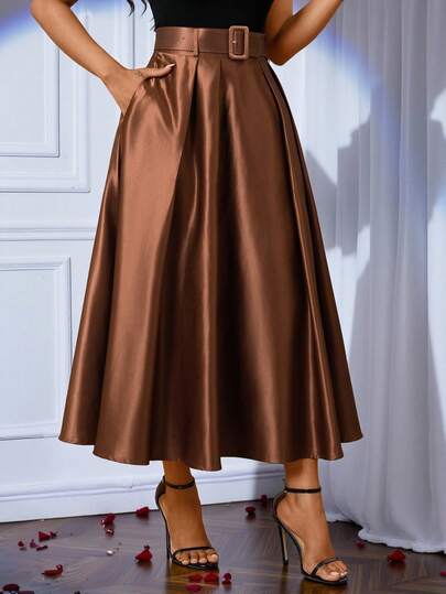 SHEIN Lady تنورة أنيقة للنساء بلون أحادي مطوية على شكل حرف A، مناسبة للحفلات