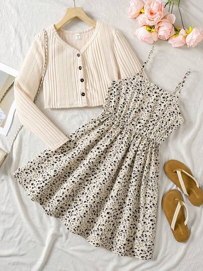 SHEIN ملابس علوية كارديجان مضلع بياقة شال وفستان بربطة الخصر بطبعة زهور صغيرة مجموعة كاجوال للعطلات قطعتين للمراهقات