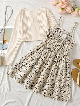 SHEIN ملابس علوية كارديجان مضلع بياقة شال وفستان بربطة الخصر بطبعة زهور صغيرة مجموعة كاجوال للعطلات قطعتين للمراهقات