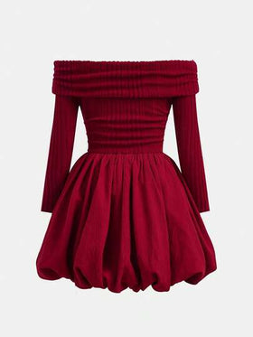 SHEIN فستان بوبل بأكمام طويلة مكشكش وأكتاف مكشوفة بنسيج مضلع، مناسب للحفلات والخروجات والأسلوب الأميري للفتيات المراهقات