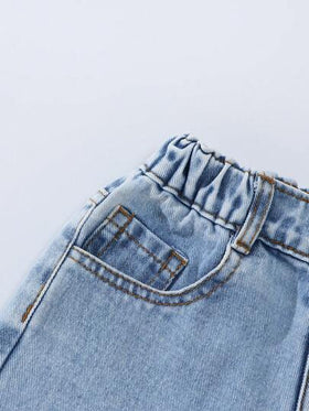 SHEIN ChillGRL بنطلون جينز واسع الساق بطبعة أرنب كرتوني وفيونكة، لون أزرق فاتح مغسول، مريح وعصري للفتيات الصغيرات، مناسب للارتداء اليومي، المدرسة، السفر والأوقات الحرة