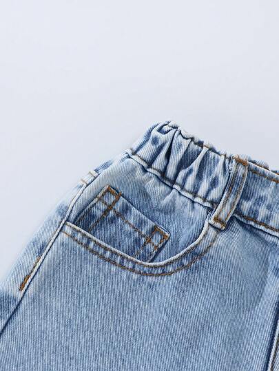 SHEIN ChillGRL بنطلون جينز واسع الساق بطبعة أرنب كرتوني وفيونكة، لون أزرق فاتح مغسول، مريح وعصري للفتيات الصغيرات، مناسب للارتداء اليومي، المدرسة، السفر والأوقات الحرة