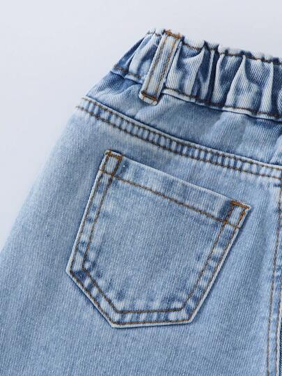 SHEIN ChillGRL بنطلون جينز واسع الساق بطبعة أرنب كرتوني وفيونكة، لون أزرق فاتح مغسول، مريح وعصري للفتيات الصغيرات، مناسب للارتداء اليومي، المدرسة، السفر والأوقات الحرة