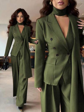SHEIN Elenzya بدلة كاجوال للنساء مكونة من جاكيت طويلة الأكمام بياقة على شكل حرف V وتصميم غير متماثل للياقة مع ربطة خصر، وبنطال واسع الساق، مصنوعة من قماش سميك ذو لون أحادي