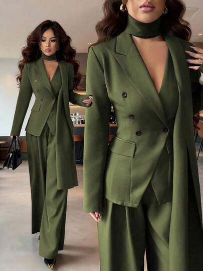 SHEIN Elenzya بدلة كاجوال للنساء مكونة من جاكيت طويلة الأكمام بياقة على شكل حرف V وتصميم غير متماثل للياقة مع ربطة خصر، وبنطال واسع الساق، مصنوعة من قماش سميك ذو لون أحادي