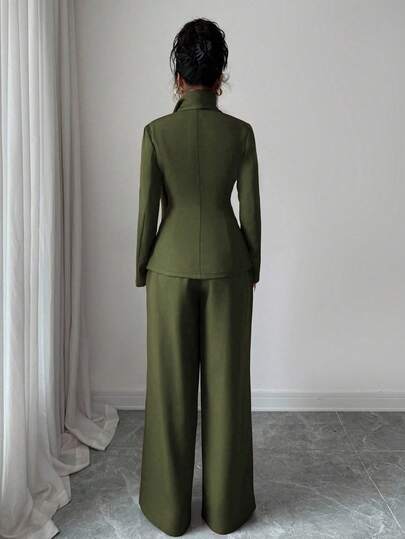 SHEIN Elenzya بدلة كاجوال للنساء مكونة من جاكيت طويلة الأكمام بياقة على شكل حرف V وتصميم غير متماثل للياقة مع ربطة خصر، وبنطال واسع الساق، مصنوعة من قماش سميك ذو لون أحادي