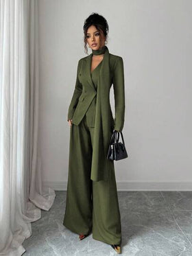 SHEIN Elenzya بدلة كاجوال للنساء مكونة من جاكيت طويلة الأكمام بياقة على شكل حرف V وتصميم غير متماثل للياقة مع ربطة خصر، وبنطال واسع الساق، مصنوعة من قماش سميك ذو لون أحادي