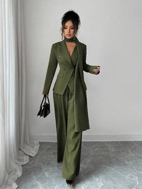 SHEIN Elenzya بدلة كاجوال للنساء مكونة من جاكيت طويلة الأكمام بياقة على شكل حرف V وتصميم غير متماثل للياقة مع ربطة خصر، وبنطال واسع الساق، مصنوعة من قماش سميك ذو لون أحادي