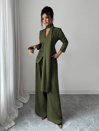 SHEIN Elenzya بدلة كاجوال للنساء مكونة من جاكيت طويلة الأكمام بياقة على شكل حرف V وتصميم غير متماثل للياقة مع ربطة خصر، وبنطال واسع الساق، مصنوعة من قماش سميك ذو لون أحادي