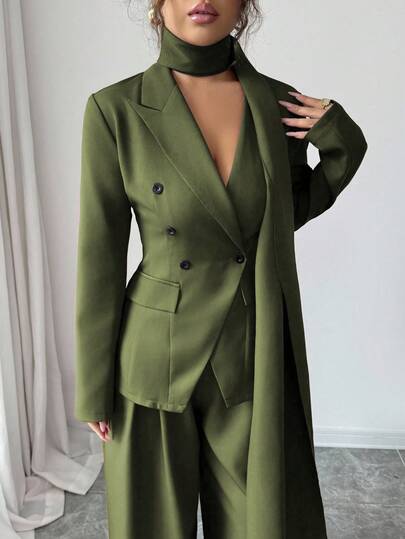SHEIN Elenzya بدلة كاجوال للنساء مكونة من جاكيت طويلة الأكمام بياقة على شكل حرف V وتصميم غير متماثل للياقة مع ربطة خصر، وبنطال واسع الساق، مصنوعة من قماش سميك ذو لون أحادي