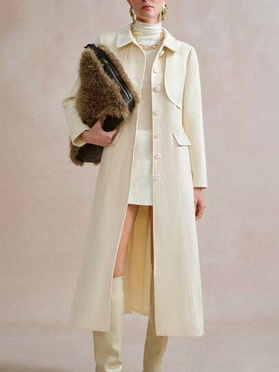 SHEIN Stylify معطف طويل أنيق بأكمام طويلة وياقة أزرار، مناسب للخروجات في فصل الشتاء