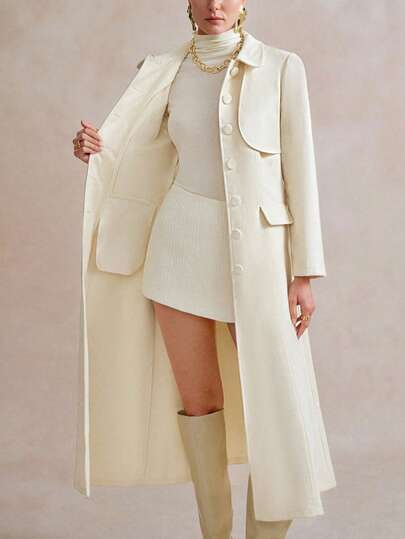 SHEIN Stylify معطف طويل أنيق بأكمام طويلة وياقة أزرار، مناسب للخروجات في فصل الشتاء