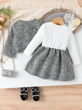 SHEIN Playful Pals طقم فستان ملون وسترة مزينة بفيونكة للبنات، خريف/شتاء