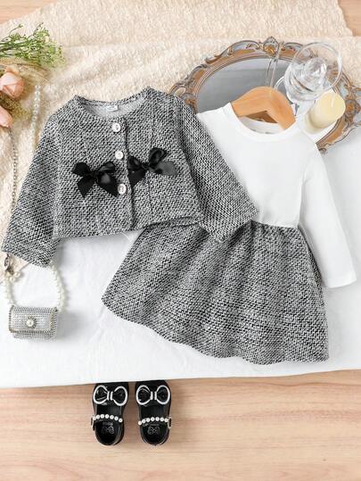 SHEIN Playful Pals طقم فستان ملون وسترة مزينة بفيونكة للبنات، خريف/شتاء