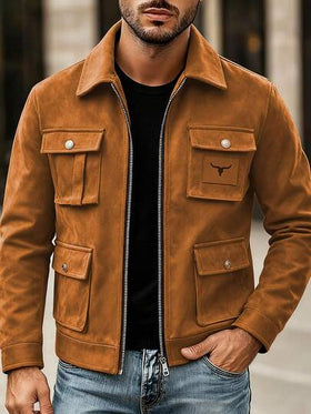 Manfinity Homme معطف بنسيم طويل الأكمام كاجوال متعدد الجيوب مبطن حراري بسحاب باللون البني ، خريف/شتاء