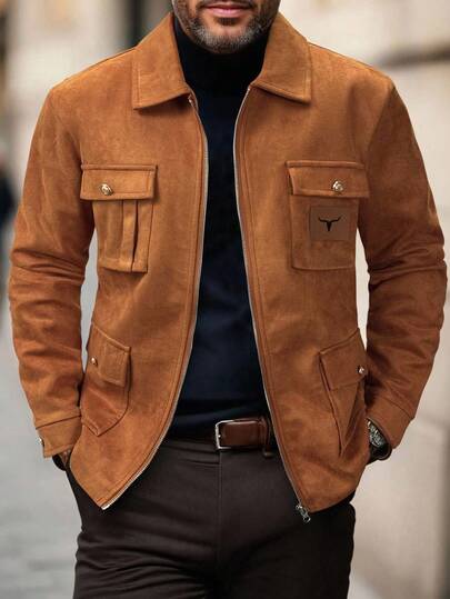 Manfinity Homme معطف بنسيم طويل الأكمام كاجوال متعدد الجيوب مبطن حراري بسحاب باللون البني ، خريف/شتاء