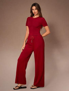 SHEIN طقم ملابس علوية كم قصير وبنطلون لون سادة ملابس كاجوال بيجامة للنساء بياقة مستديرة، بيجامة حمراء للنساء، طقم ملابس منزلية للنساء مكون من قطعتين