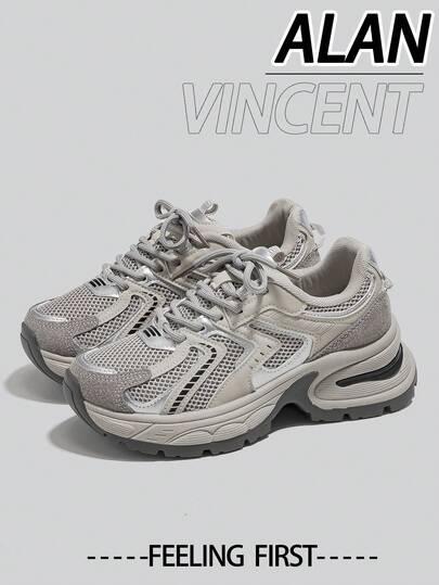 Alan Vincent أحذية رياضية رمادية من سلسلة سنيكرز المدينة لآلان فنسنت، أحذية رياضية جديدة لعام 2025 للنساء ذات كعب سميك، أحذية رياضية مريحة وعصرية للجري، أحذية كاجوال زيادة الارتفاع للنساء، أحذية خارجية للسيدات، أحذية شبكية تنفس