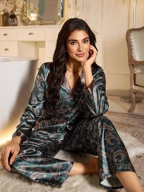 LuxeNights طقم بيجامة نسائي من السراويل والبلوزة طويلة الأكمام من الحرير الصناعي بتصميم زهرة الكاجو ذات الألوان المتباينة، ملابس خريف وشتاء