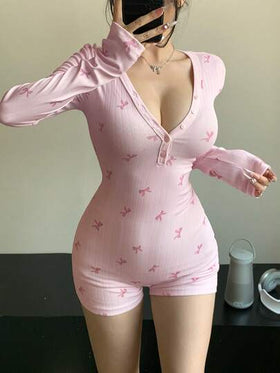 DAZY بودي سويت نسائي بطبعة زهور صغيرة، ضيق التركيب، ياقة على شكل حرف V، أكمام طويلة، مناسب للربيع والصيف والخريف رمضان