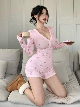DAZY بودي سويت نسائي بطبعة زهور صغيرة، ضيق التركيب، ياقة على شكل حرف V، أكمام طويلة، مناسب للربيع والصيف والخريف رمضان