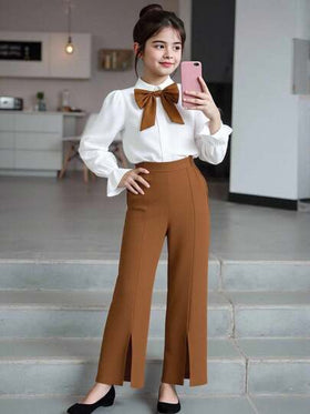 SHEIN مجموعة من قطعتين للبنات تتكون من ملابس علوية بأكمام طويلة وبنطال مزينة بفيونكة وألوان متباينة، مناسبة لفصلي الربيع والخريف