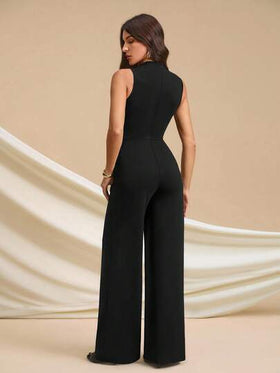 SHEIN Tall جمبسوت أنيقة بدون أكمام مطوية، لون أسود ثابت، جذاب وأنيق، مناسب للارتداء اليومي، المواعيد، الخروجات، الحفلات، ملابس الخروج، جمبسوت ساق واسعة غير متماثلة، مناسبة لعيد الحب، الارتداء اليومي، مقاس طويل