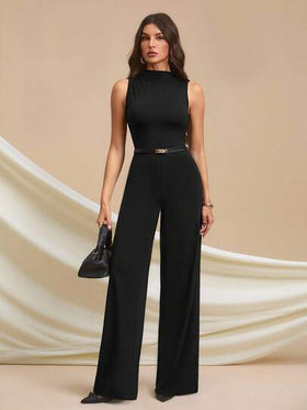 SHEIN Tall جمبسوت أنيقة بدون أكمام مطوية، لون أسود ثابت، جذاب وأنيق، مناسب للارتداء اليومي، المواعيد، الخروجات، الحفلات، ملابس الخروج، جمبسوت ساق واسعة غير متماثلة، مناسبة لعيد الحب، الارتداء اليومي، مقاس طويل