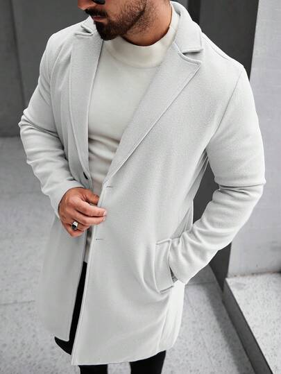 Manfinity Homme معطف طويل الأكمام بجيب وأزرار أمامية بلون واحد للرجال، معطف خروج خريفي، هدايا للأصدقاء والزوج والحبيب، شتوي
