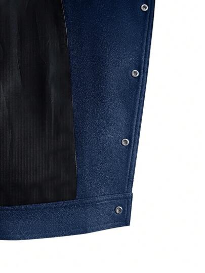 Manfinity EMRG جاكيت طويلة الأكمام بأزرار مائلة للرجال، تصميم أزرار غير متماثل للسترة الكاجوال، هدية موصى بها للزوج أو الصديق، جاكيت قصيرة بياقة بومبر باللون الأزرق الداكن