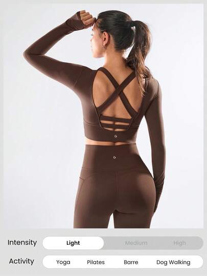 GLOWMODE قميص رياضي طويل الأكمام مقصوص بتصميم متقاطع بدون ظهر FeatherFit™ للتأثير المنخفض، مناسب لليوغا واستخدام اليومي